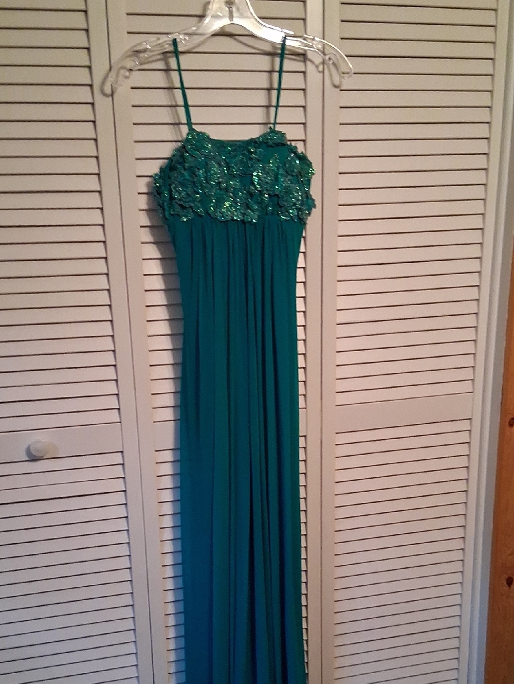 Jovani Teal Green Sequin Floral Bodice Spaghetti-Strap Gown